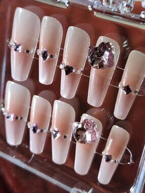 3.0 Hell Kitty pink gradient long coffin press-on nails with rhinestones.